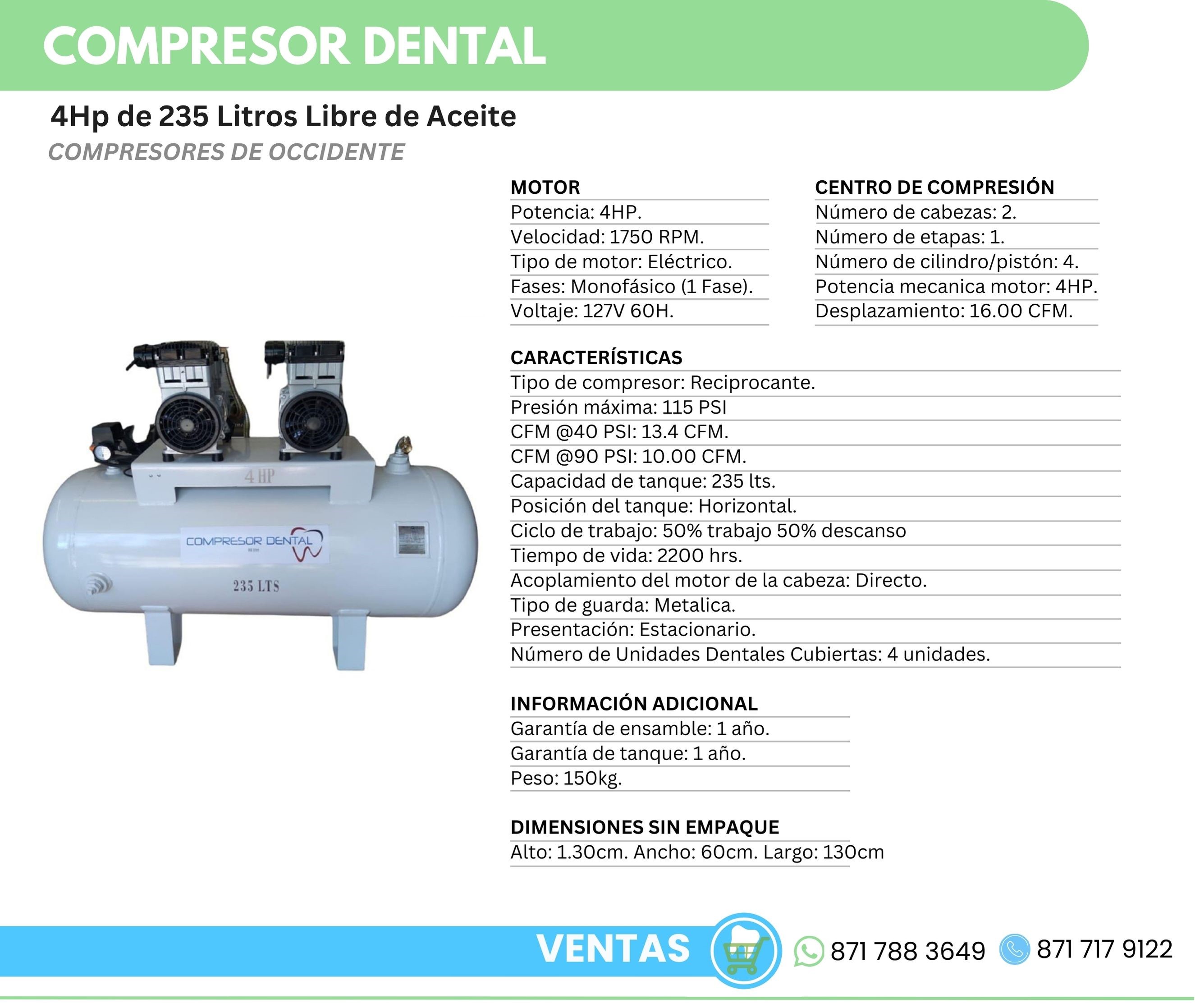Compresor Dental 4Hp 235 Litros Libre de Aceite Compresores de Occidente Orthosign